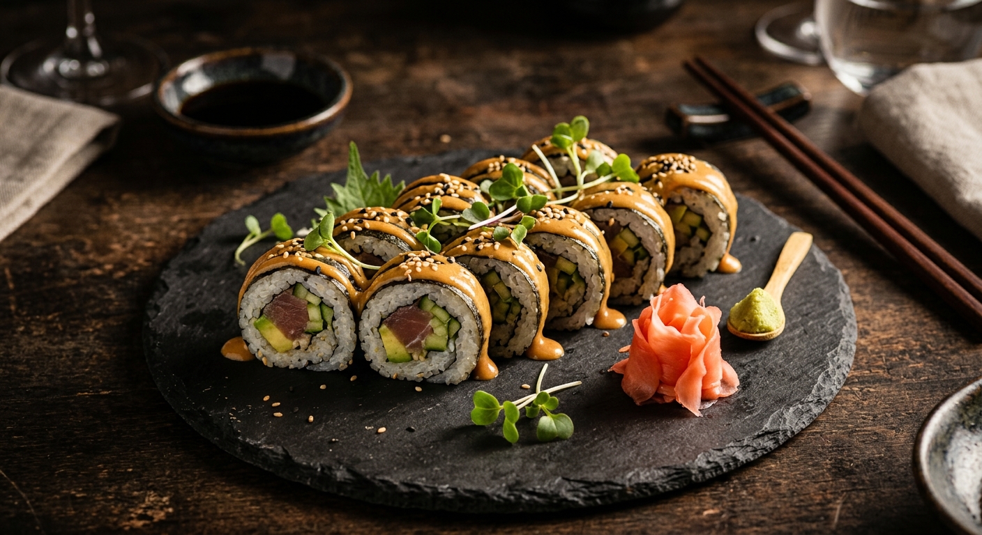 Sushi rolls with peanut butter drizzle on a slate plate