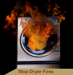 Flames coming from a front-loading dryer with a Stop Dryer Fires warning.