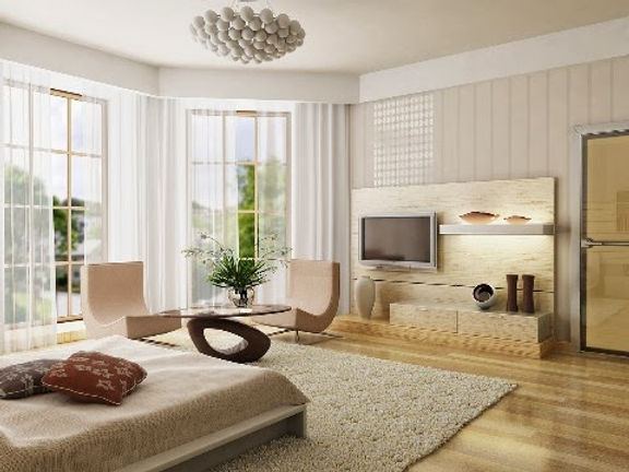 Bright, modern living room with neutral furnishings.