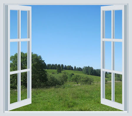 An open window looking onto green countryside.