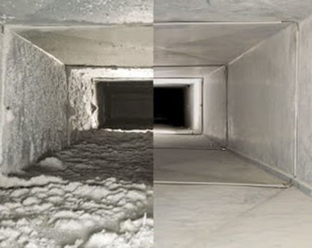 Before-and-after comparison of dirty and clean duct interiors.