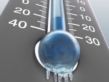 Close-up of a thermometer at a freezing temperature.