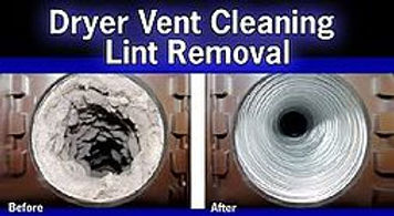 Before-and-after comparison of lint buildup in a dryer vent.
