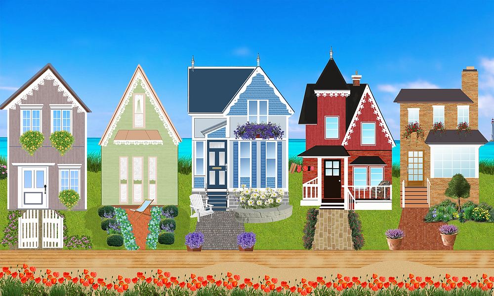 Illustration of colorful homes along a street.